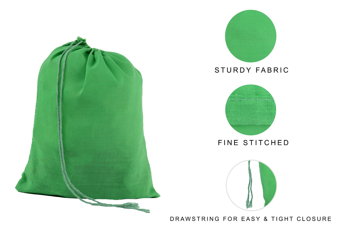 Green Cotton Single Drawstring Pouch for everyday use