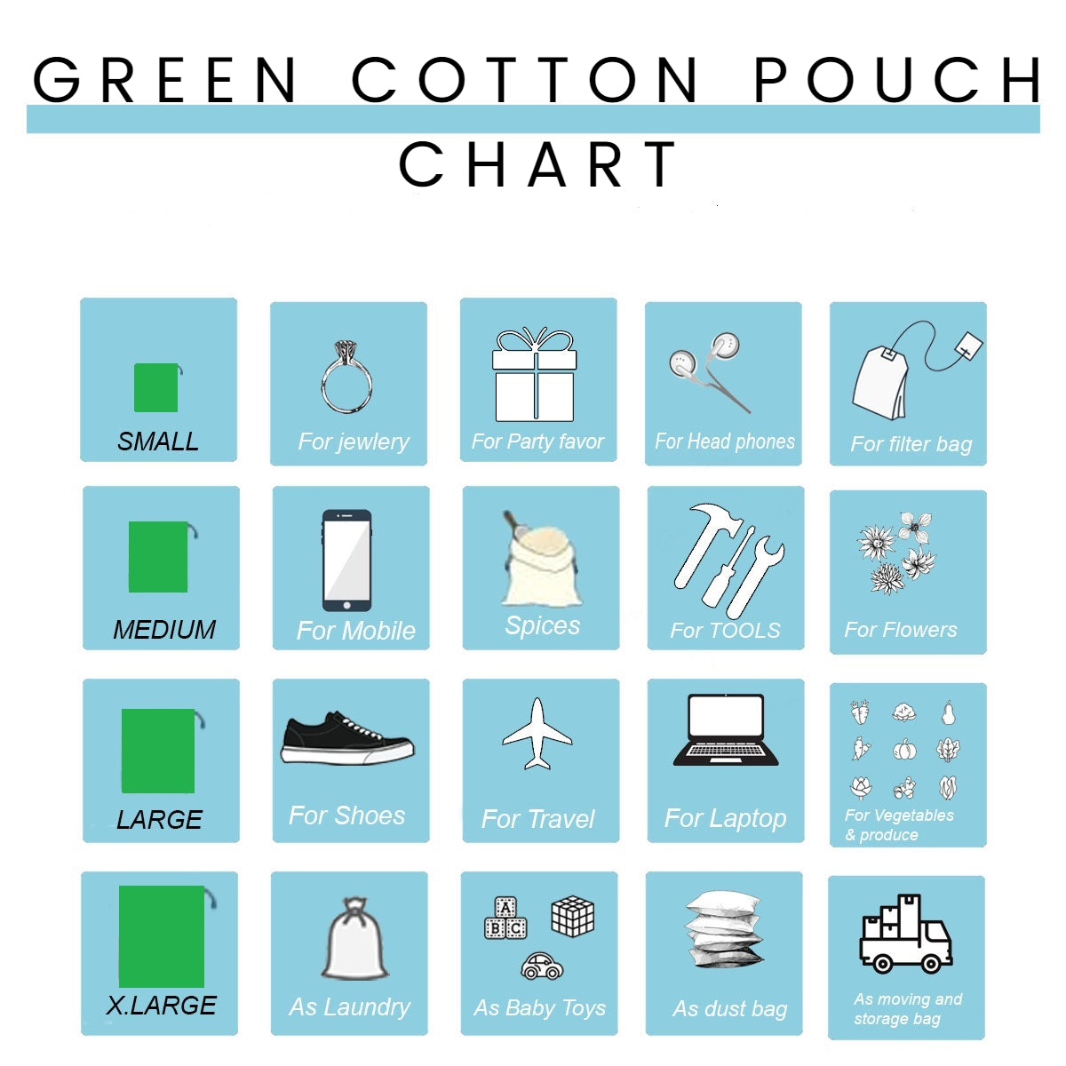 Green Cotton Single Drawstring Pouch for everyday use