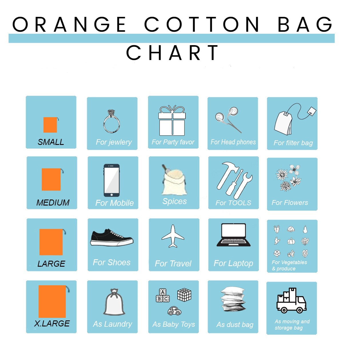 Orange Cotton Single Drawstring Pouch for everyday use