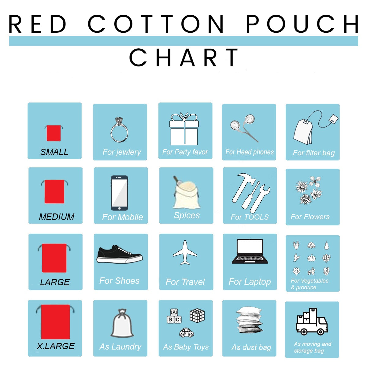 Red Cotton Double Drawstring Pouch for everyday use