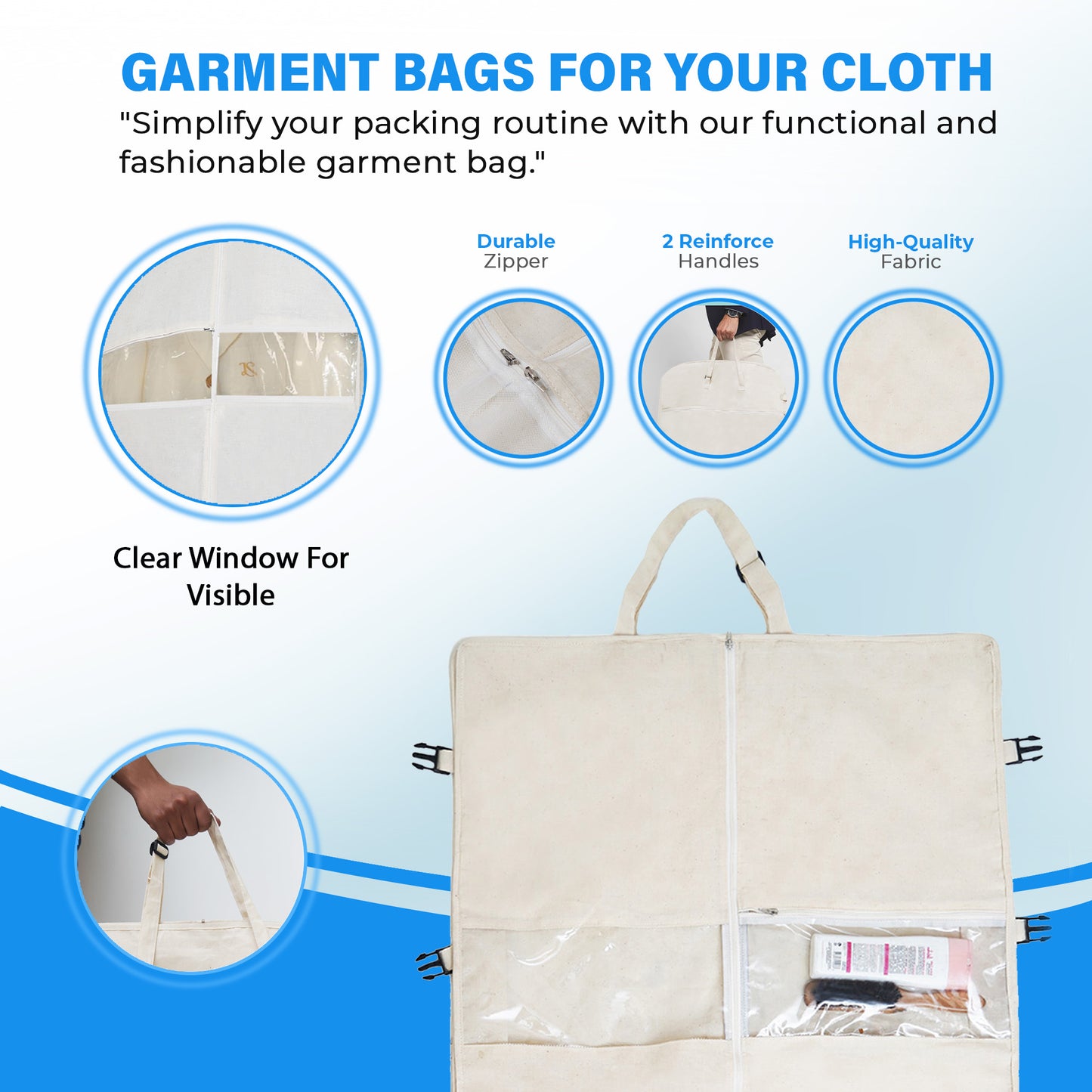 100% Travel Cotton Garment bag, Clear Window garment protector, Dust-proof, wrinkle-free Suit and Dress wardrobe organizer for easy storage