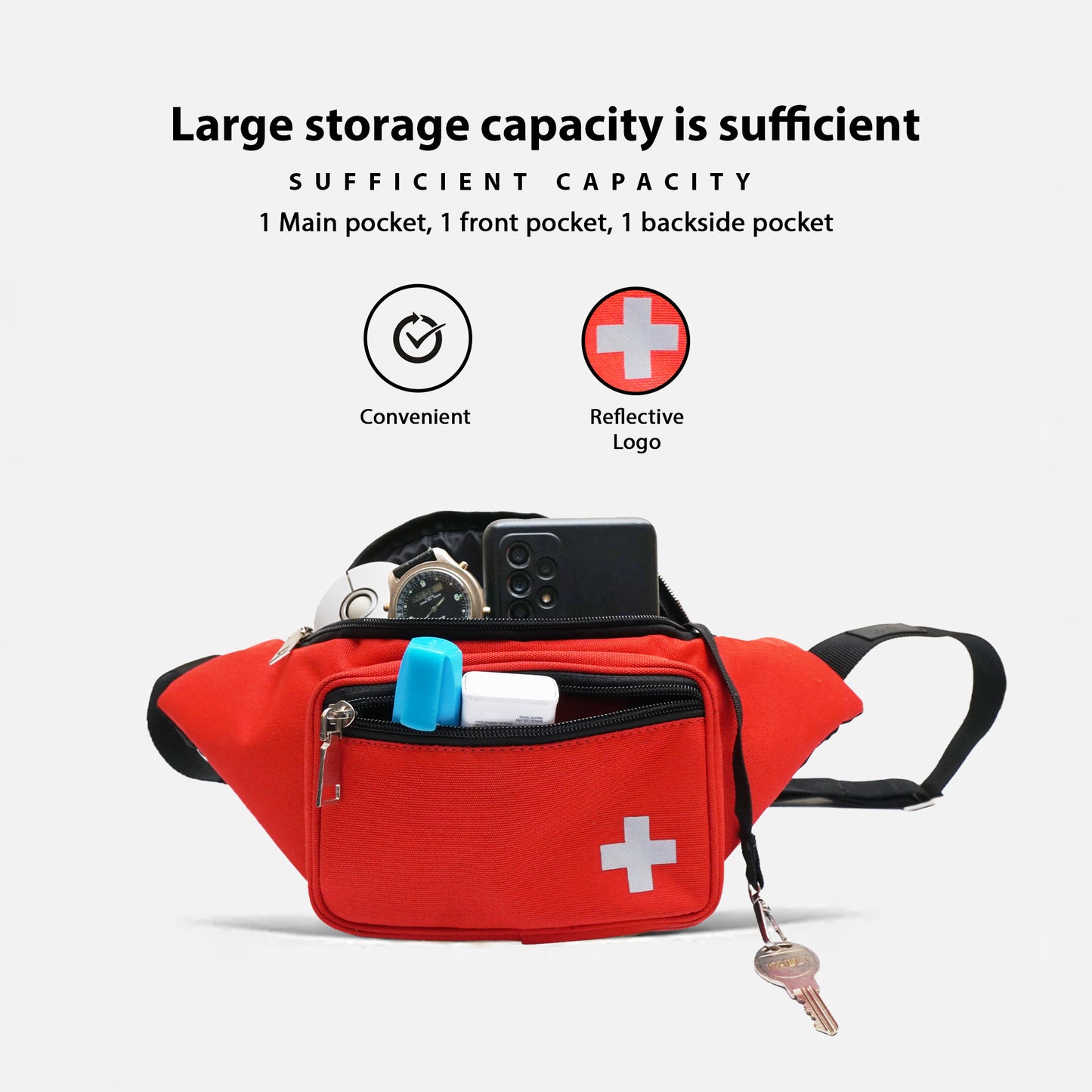 First Aid Fanny pack | Red Medical bag with Adjustable waist strap | Emergency Zipper Travel pouch, Parachute inner Lining